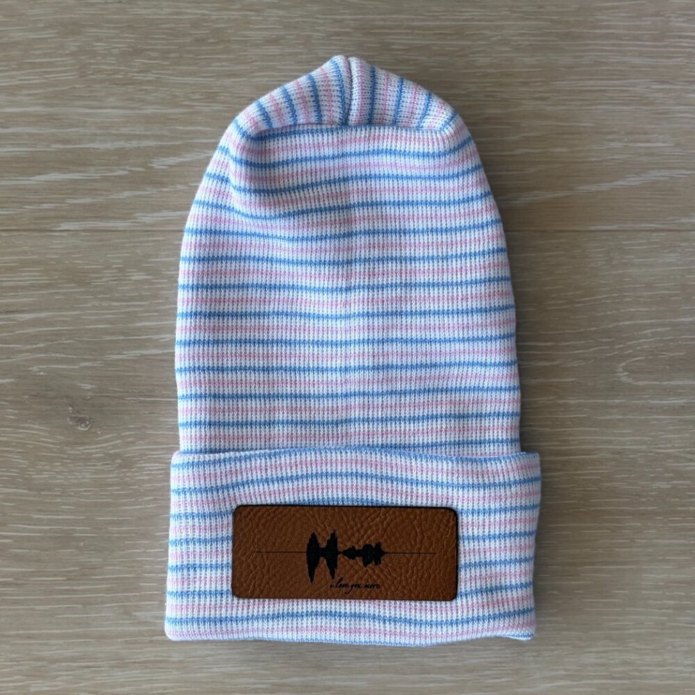 NEW I Love You More Cotton Baby Beanie Newborn Blue Pink Stripe Minimalist